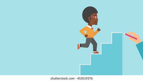 An african-american businessman running up the stairs drawn by hand with pencile. Concept of business career. Vector flat design illustration. Horizontal layout.