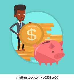 African-american businessman saving his money in piggy bank. Businessman putting money in a piggy bank. Concept of saving money. Vector flat design illustration in the circle isolated on background.