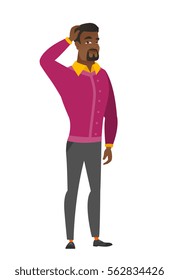 African-american businessman scratching head. Full length of thoughtful businessman scratching head. Puzzled businessman scratching head. Vector flat design illustration isolated on white background.