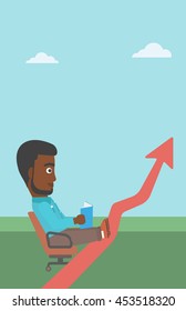 An african-american businessman sitting in a chair and reading a book while his legs lay on an uprising arrow. Business study concept. Vector flat design illustration. Vertical layout.
