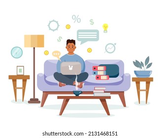 An African-American businessman is sitting on the couch with a laptop and working at home. The concept of financial technologies. Doing business, cryptocurrency, electronic wallets. Vector 