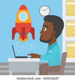 An african-american businessman sitting at the table and looking at a business start up rocket taking off. Business start up concept. Vector flat design illustration. Square layout.