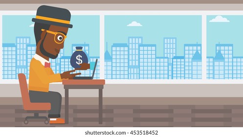 African-american businessman sitting at the table in office and bag of money coming out of his laptop. Online business concept. Vector flat design illustration. Horizontal layout.