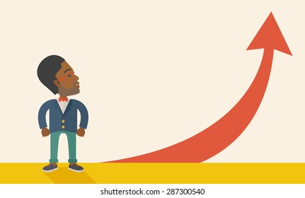 An african-american businessman standing beside the red arrow pointing up. Successful business concept. A Contemporary style with pastel palette, soft beige tinted background. Vector flat design