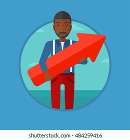 An african-american businessman standing with a big red arrow in hands. Man holding arrow pointing up. Business success concept. Vector flat design illustration in the circle isolated on background.