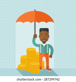 An african-american businessman standing holding umbrella protecting his money to investments, money management. Saving money for any financial crisis will come. Saving concept. A contemporary style