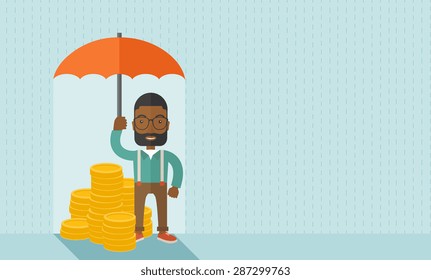 An african-american businessman standing holding umbrella protecting his money to investments, money management. Saving money for any financial crisis will come. Saving concept. A contemporary style