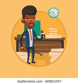 African-american businessman standing in office and pointing at time on clock. Man working against time. Time management concept. Vector flat design illustration in the circle isolated on background.