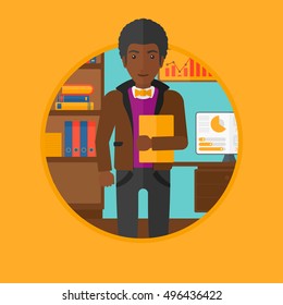 An african-american businessman standing on the background of computer screen with charts. Man giving a business presentation. Vector flat design illustration in the circle isolated on background.