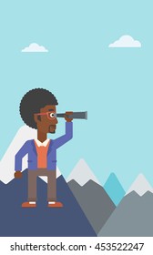 An african-american businessman standing on the top of mountain with spyglass. Businessman looking for success, opportunities. Vector flat design illustration. Vertical layout.