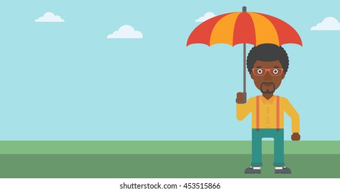 An african-american businessman standing with open umbrella on the background of blue sky. Businessman under open umbrella. Happy man with umbrella. Vector flat design illustration. Horizontal layout.