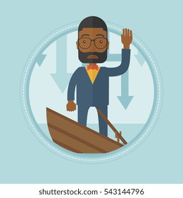 Un hombre de negocios afroamericano parado en un barco que se hunde. Empresario hundiéndose y pidiendo ayuda. El concepto de bancarrota empresarial. Ilustración de diseño plana vectorial en el círculo aislado en el fondo.