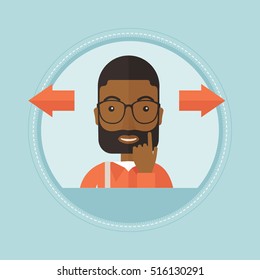 An african-american businessman thinking between two alternative options. Businessman choosing between two different options. Vector flat design illustration in the circle isolated on background.