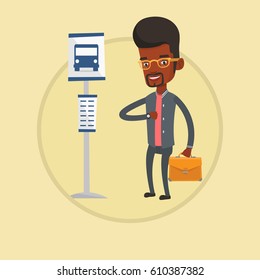 African-american businessman waiting for a bus at the bus stop. Man standing at the bus stop. Man looking at watch at the bus stop. Vector flat design illustration in the circle isolated on background