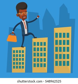 An african-american businessman walking on the roofs of city buildings. Man walking on the roofs of skyscrapers. Businessman walking to the success. Vector flat design illustration. Square layout.