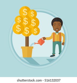 African-american businessman watering financial tree. Businessman taking care of finances. Man investing in future financial safety. Vector flat design illustration in circle isolated on background.