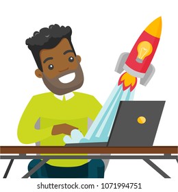 African-american businessman working on a laptop and looking at the rocket. Man working on a new business start up. Business start up concept. Vector cartoon illustration isolated on white background.