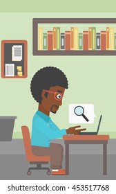 An african-american businessman working on laptop in office and a magnifying glass coming out from screen. Concept of search. Vector flat design illustration. Vertical layout.