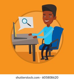 African-american businessman working on laptop in office and searching information on internet. Internet and job search concept. Vector flat design illustration in the circle isolated on background.