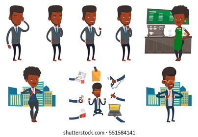 African-american businessman working on a new business plan. Young businessman during business planning. Business planning concept. Set of vector flat design illustrations isolated on white background