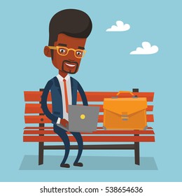 An african-american businessman working outdoor. Happy businessman working on a laptop. Young businessman sitting on a bench and working on a laptop. Vector flat design illustration. Square layout.