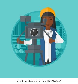 An african-american cameraman looking through movie camera on a tripod. Woman with professional video camera shooting in the city. Vector flat design illustration in the circle isolated on background.