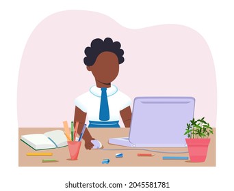 An African-American character sitting at his laptop. Teenager. Goes back to school. College. Institute. School. Home. Business. Work. Education. Flat Style. Vector.