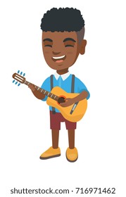 African-american cheerful boy singing and playing the acoustic guitar. Full length of happy boy with a guitar. Vector sketch cartoon illustration isolated on white background.