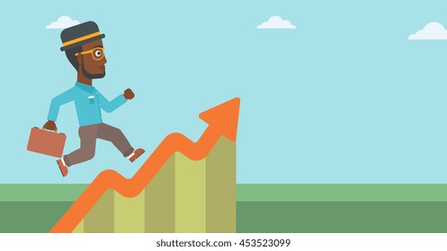 An african-american cheerful businessman running along the growth graph. Businessman going up. Successful business concept. Vector flat design illustration. Horizontal layout.