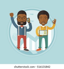 African-american cheerful businessmen celebrating their success on the background of increasing chart. Successful business concept. Vector flat design illustration in the circle isolated on background