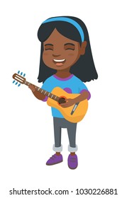 African-american cheerful girl singing and playing the acoustic guitar. Full length of happy girl with a guitar. Vector sketch cartoon illustration isolated on white background.