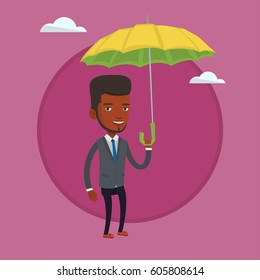 African-american cheerful insurance agent. Insurance agent standing under umbrella. Business insurance and protection concept. Vector flat design illustration in the circle isolated on background.