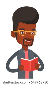 African-american cheerful student reading a book and preparing for exam. Smiling student reading a book. Student holding a book in hands. Vector flat design illustration isolated on white background.