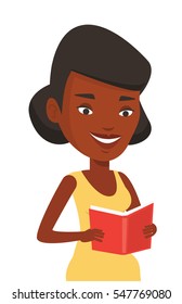 African-american cheerful student reading a book and preparing for exam. Smiling student reading a book. Student holding a book in hands. Vector flat design illustration isolated on white background.