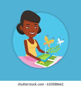 African-american cheerful woman holding tablet computer with application for augmented reality. Concept of augmented reality. Vector flat design illustration in the circle isolated on background.