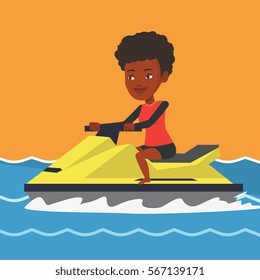 African-american cheerful woman on jet ski in the sea at summer sunny day. Young smiling woman riding on a jet ski. Happy woman training on a jet ski. Vector flat design illustration. Square layout.