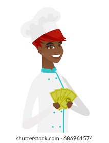 El chef afroamericano cocinero sosteniendo dinero. El cocinero exaltado de pie con dinero en las manos. Un joven cocinero sonriente cocina con dinero. Ilustración de diseño plana vectorial aislada en fondo blanco.