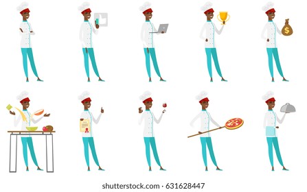 African-american chef cook preparing food. Chef cook preparing meal in the kitchen. Chef cook in uniform preparing food for dinner. Set of vector flat design illustrations isolated on white background