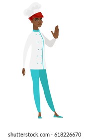 African-american chef cook showing stop hand gesture. Full length of chef cook doing stop gesture. Serious chef cook with a stop gesture. Vector flat design illustration isolated on white background.