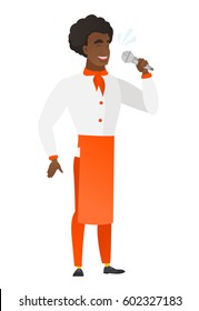 African-american chef cook singing to the microphone. Full length of chef cook singing with closed eyes. Chef cook singing to the mic. Vector flat design illustration isolated on white background.
