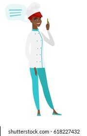African-american chef cook with speech bubble. Chef cook giving speech on conference. Chef cook with speech bubble coming out of her head. Vector flat design illustration isolated on white background.