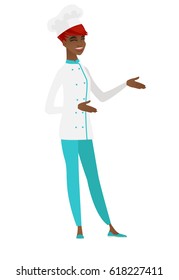 African-american chef cook in uniform gesturing. Full length of chef cook gesturing with her hands. Chef cook laughing and gesturing. Vector flat design illustration isolated on white background.