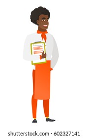 African-american chef cook in uniform holding clipboard with papers. Full length of chef cook with papers. Young chef cook holding papers. Vector flat design illustration isolated on white background.