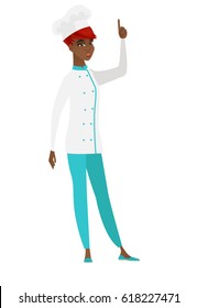 African-american chef cook in uniform with open mouth pointing finger up. Full length of chef cook with open mouth came up with an idea. Vector flat design illustration isolated on white background.