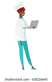 African-american chef cook in uniform using laptop. Full length of young chef cook working on a laptop. Cheerful chef cook holding laptop. Vector flat design illustration isolated on white background