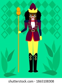 African-American Christmas Nutcracker on a background with an ornament.Background for printing a brochure, poster, party, vintage textile design, greeting card, fabric, Wallpaper or packaging.