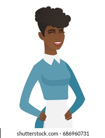 African-american cleaner in uniform laughing. Young cleaner laughing with hands on her stomach. Cleaner laughing with closed eyes. Vector flat design illustration isolated on white background.