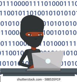 African-american computer hacker in mask working on a laptop. Computer hacker using laptop to steal data and personal identity information. Vector flat design illustration isolated on white background