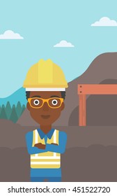 An african-american confident coal miner. Female miner standing in front of a big mining equipment on the background of coal mine. Vector flat design illustration. Vertical layout.