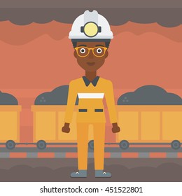 African-american confident coal miner. A female miner in hardhat with torch. Miner standing on the background of mining tunnel with cart full of coal. Vector flat design illustration. Square layout.
